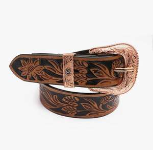 Artisan sculpté à la main-Ceinture pour hommes en cuir de vache pleine fleur à motif floral unique Boucle en aluminium argenté 38mm Largeur 120-125cm - Product Image 2