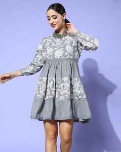 100% algodón atractivo Vacaciones verano señora bordado encaje Boho mexicano Mini Vestido corto con patrón Floral manga larga - Product Image 3