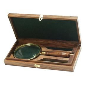 Viking Brass & <b>Wood</b> Antique Magnifier Glass with <b>Storage</b> Case Antique Antique Style Office Decor Desk Table Magnifying - Product Image 1