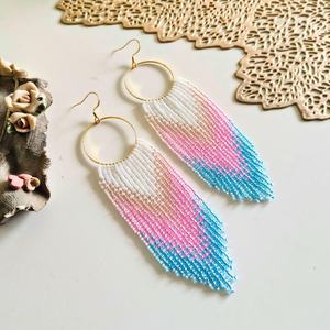 Boho <b>bead</b> earrings with turquoise design andy cascading <b>fringe</b>, unique jewelry gift - Product Image 3
