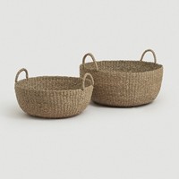 Nieuwe aanwinst: handgemaakte rieten opbergmanden van zeegras, brede ronde vorm met handvatten, voor groothandel, thuisgebruik en goedkope bulk aankoop.