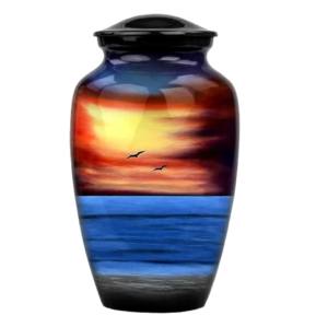 Urna de cremación de aluminio para adultos con hermosa pegatina de diseño de barco y acabado de color azul para cenizas humanas. - Product Image 3