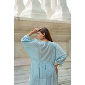 Cotton Midi <b>Dress</b> Stripe Hand Block Print <b>Boho</b> <b>Summer</b> Sundress Pockets Artisan Style Beach Vacation Wear for Day Leisure - Product Image 3