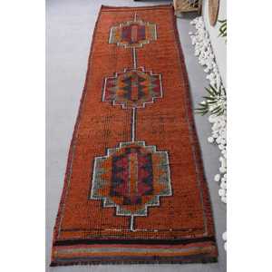 Tapis Kilim Vintage Orange Rouge avec motif Patchwork 3.1x9.8ft pour entrée chambre 10mm d'épaisseur laine Viscose matériau Latex soutenu - Product Image 1