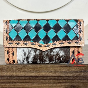 Portefeuille multi-cartes en cuir à carreaux usiné à la main de grande capacité pour femmes Style occidental embrayages de téléphone et d'argent en peau de vache à la mode - Product Image 1