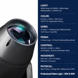 Cabeza móvil LED de 400W con CMY, CTO, 7 lentes de cristal, 12 gobos fijos, doble prisma, efecto Frost, zoom 4-35, DMX512 y RDM para escenarios, conciertos, iglesias y teatros. - Product Image 5
