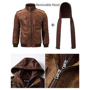 Veste de motard vintage à coupe réglable pour hommes en cuir marron capuche amovible fermeture à glissière poches toile moto fonctionnelle - Product Image 5