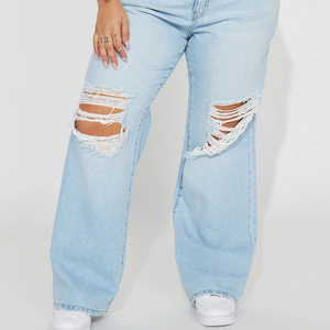 Venta al por mayor de ropa informal de calle, pantalones vaqueros rasgados para mujer, pantalones y pantalones personalizados de pierna recta de tiro medio, Vaqueros lavados ligeros para mujer - Product Image 4