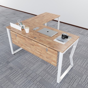 Bentwood L-Shaped Office <b>Desk</b> with Metal Legs and <b>Drawer</b> - Product Image 1
