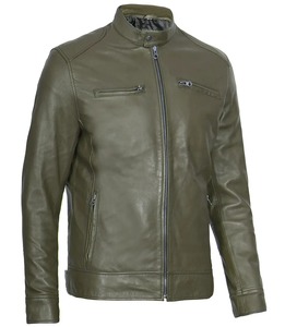 Men's Casual <b>Racer</b> Cuffs Leather <b>Jackets</b> Comfortable Fitted Cordura Waterproof Inner Soft Polyester Liner Green Color Blank - Product Image 3