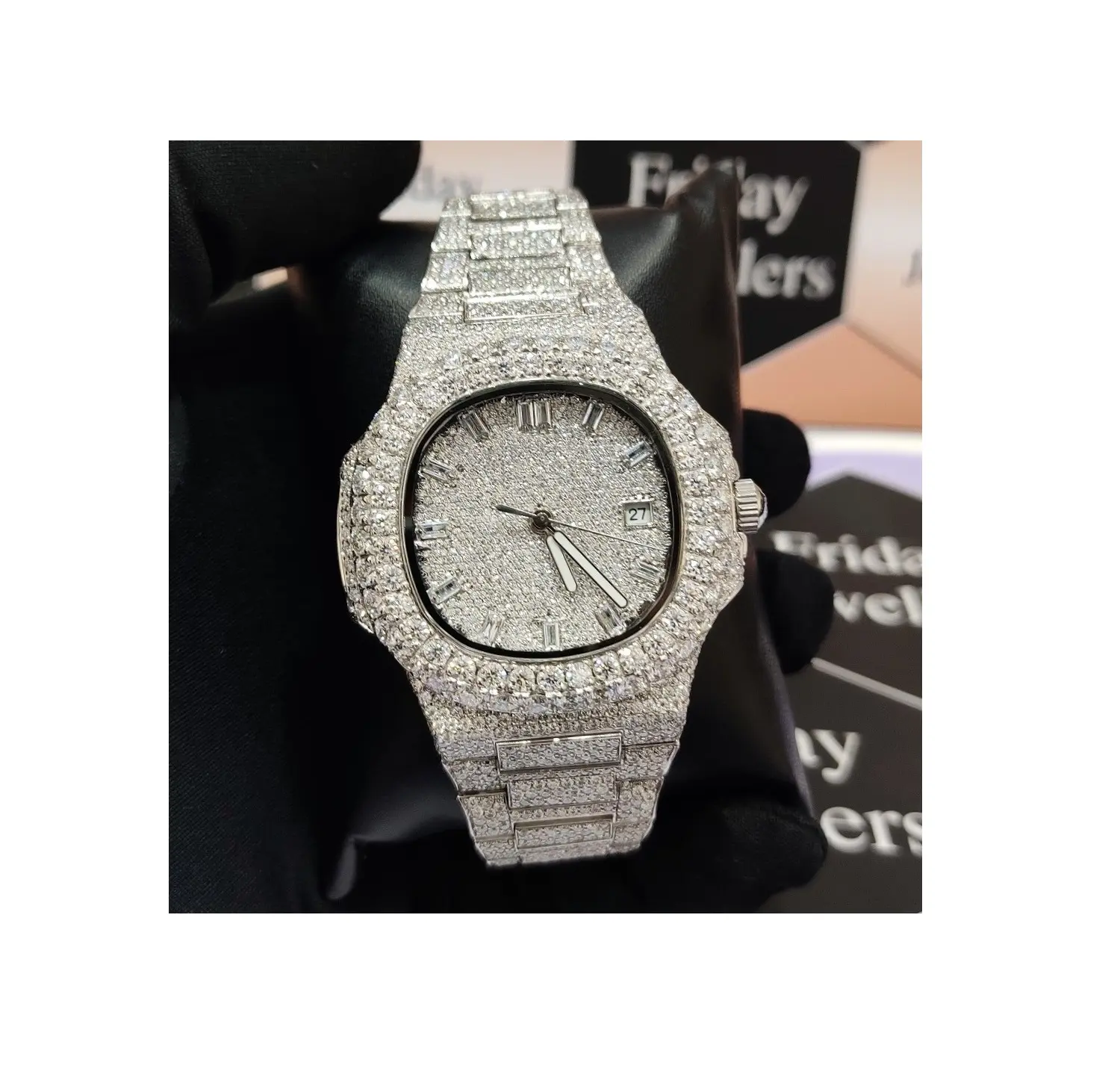 Letest thiết kế tự động phong trào cơ khí vvs rõ ràng moissanite kim cương Studded Đồng hồ đeo tay cho anh ta đồ trang sức thời trang của cô