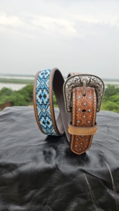 Ceinture Western en cuir usiné à boucle en alliage vintage avec motif sud-ouest perlé de turquoise bleue - Product Image 2