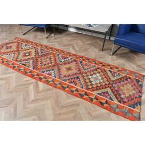 Tapis Kilim turc 2,9 x 9,4 pieds, tapis vintage, tapis en laine patchwork orange - Product Image 5