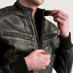 Blouson aviateur pour homme en cuir brun vieilli personnalisé, style urbain, décontracté, respirant, coupe-vent, col montant, logo frontal - Product Image 2