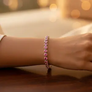 Silver Pink <b>Beaded</b> <b>Bracelet</b> with Garnet Amethyst Quartz Gems Gold Plated for Women's Daily Wear or Gift - Product Image 3