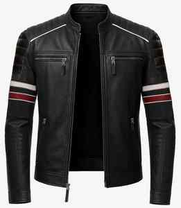 Chaqueta de Motociclista Estilo Moto Ajustada para Hombre en Cuero Vacuno Negro con Mangas a Rayas - Product Image 1
