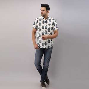 Camisa informal con estampado de bloques de algodón azul para hombre, tela tejida de un solo pecho, antiarrugas, temporada de verano, talla XL - Product Image 1