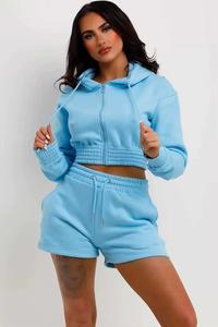 Two Piece Jogger Set Women Custom Crop Top Hoodie Blank Oversized Loose Women Hoodies And <b>Shorts</b> Sets - Product Image 5