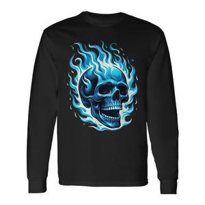 T-Shirt Unisex a Maniche Lunghe con Stampa Digitale Teschio Blu Fiammeggiante, Girocollo, per Adulti - Product Image 1
