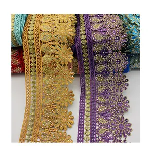 Many Colors lace trim with rhinestone Metallic Embroidered Motif Lace Nigeria Venice Trim Wide 12CM sequin fabric