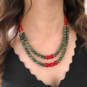 Collar de coral y Jade para mujer, piedras preciosas rojas y verdes con cuentas hechas a mano, joyería llamativa, Coral y jade - Product Image 2