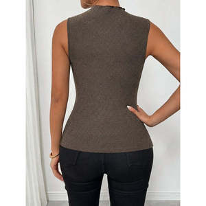 Women's Sleeveless Tulle Round Neck Deep V-Neck Glitter <b>Blouse</b>, 36063 - <b>Gold</b> - Product Image 3