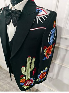 Costume de cowboy brodé noir et vert pour homme, tenue de rodéo de cactus, tenue de mariage de mariachi vintage, 3 pièces - Product Image 6