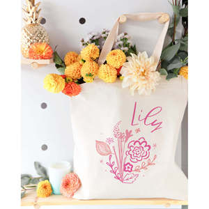 Personalized for Pink Floral Cotton Canvas Tote Bag Polyester Lining Open Name Decoration-for All Spring Summer Autumn Winter - Product Image 4