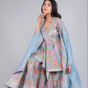 CHAAVI ensemble de robes décontractées bleu coton Sharara demi-manches taille naturelle coupe évasée Sharara robe pour les femmes - Product Image 1