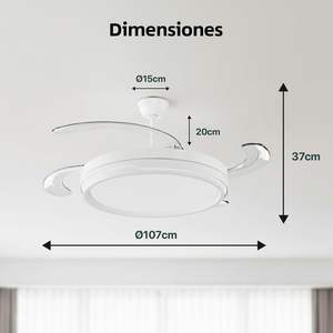 Ventilador de Techo Moderno LEDUNI de 6 Velocidades con Luz, Motor DC de 66W+30W Ultra Silencioso, Control Remoto y por Aplicación, Aspas Retráctiles de Aluminio, 4 Aspas - Product Image 2