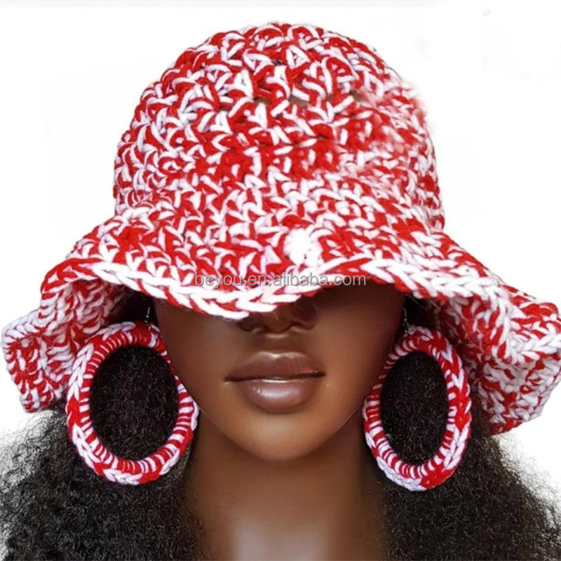 DST Sorority Red White Chunky Crochet Floppy Wide Brim Sun Hat - Main Image