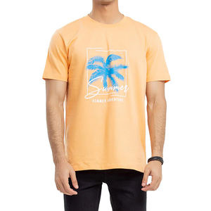 เสื้อยืดคอกลมแขนสั้นสีส้มสำหรับผู้ชาย พิมพ์ลายต้นปาล์ม ทรงปกติ ผ้าถักลำลอง - Product Image 1