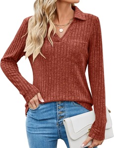 Camiseta de Manga Larga a Rayas para Mujer, Cómoda, de Punto, con Cuello Polo, para Primavera y Otoño, Informal, Sólida, Transpirable - Product Image 2