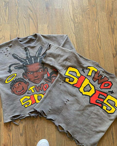 เสื้อยืดทรงบ็อกซี่ครอปพิมพ์ลายกราฟิกสตรีทแวร์สไตล์วินเทจ ผ้าฝ้ายขาดๆ แบบดิสเทรส ล้างสีแบบสโตนวอช สำหรับผู้ชาย บริการ OEM - Product Image 3