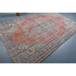 Tapis turc vintage bleu orange fait à la main 6.4x9.8 pieds Patchwork classique Design laine viscose pour salon Latex - Product Image 2