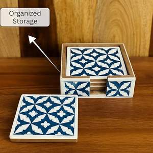 Handcrafted Luxury Blue White Floral Design Resin Inlay Walnut <b>Coasters</b> Holder Durable Eco-Friendly Customizable Color Modern - Product Image 3
