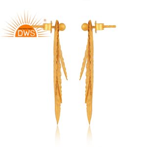 Boucles d'oreilles pendantes en argent sterling plaqué or 18 carats, design feuille, demi-bijoux fins, fabricant - Product Image 3