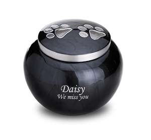 Urne funéraire ronde noire pour animaux de compagnie pour les cendres Urne de crémation personnalisée avec couvercle à empreintes de pattes Urne souvenir - Product Image 1