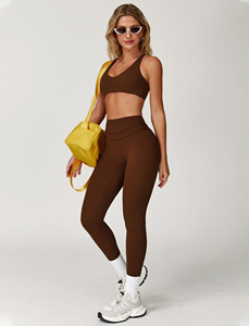 ชุดโยคะลำลองสำหรับผู้หญิง สายเดี่ยวสีนู้ด กางเกงฟิตเนสเอวสูง บราออกกำลังกายกันกระแทก ลายเรียบ ระบายอากาศ แห้งเร็ว - Product Image 4