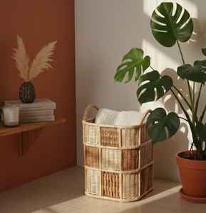 Panier de rangement écologique en rotin naturel de grande capacité pour la décoration intérieure et l'organisateur de blanchisserie disponible en vrac - Product Image 3