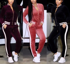 OEM personalizado de dos piezas de manga larga con cremallera chaqueta y pantalones trajes personalizados Activewear chándal de terciopelo para las mujeres - Product Image 2