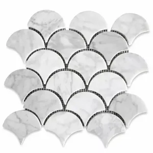 C993XP Tuile de mosaïque polie à grand éventail Écaille de poisson Carreaux de marbre blanc de Carrare - Product Image 1