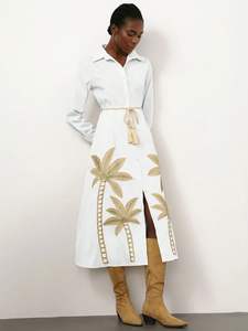 Otoño bohemio Maxi vestido para mujer nuevo 100% algodón elegante largo grande trompeta mangas bordado de flores naturales para vacaciones - Product Image 6