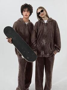 Unisex <b>Brown</b> Acid Wash <b>Zip</b>-Up <b>Hoodies</b> Regular Fit Vintage Streetwear 100% Cotton Solid Winter Sweatshirt for Wholesale - Product Image 2