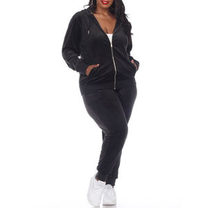 Venta al por mayor personalizado de terciopelo liso cremallera hasta a juego con capucha con Jogger Sweatsuit mujeres chándal de gran tamaño - Product Image 5