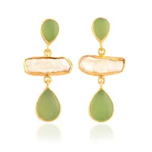 新款时尚耳环天然珍珠 & 绿色玉髓24k镀金时尚女性耳环手工滴耳环奢华饰品