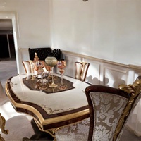 Ensemble de table à manger de luxe de style royal européen, 5 pièces, en bois d'acajou, plateau en marbre, sculptures en feuille d'or, design moderne du milieu du siècle, pour la maison et l'hôtel
