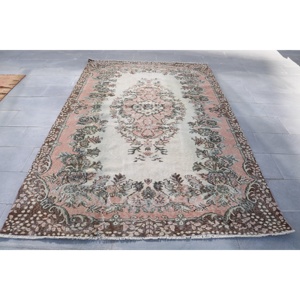 Vintage Rug 5.8x9.3 ft, <b>Brown</b> Pink Floral <b>Wool</b> Turkish Rug - Product Image 1