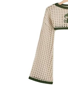 Pull court en tricot crochet vert personnalisé pour femmes, maille ajourée, manches longues évasées, style bohème, haut en tricot léger pour la mode - Product Image 5