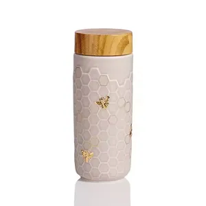 Acera Liven Honey Bee Ceramic Travel Mug / Gold 12.3 Oz Crafted With Beautiful Minimalist Designs Excellent Engraving Technique